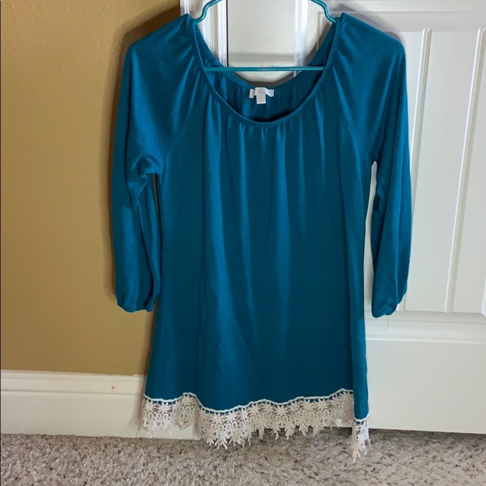 teal green 3/4 sleeve dress with designed fringes